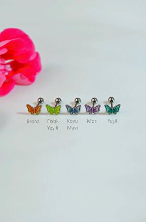 Gümüş Renk Çelik Fıstık Yeşili Kelebek Helix Piercing Kıkırdak Lob
