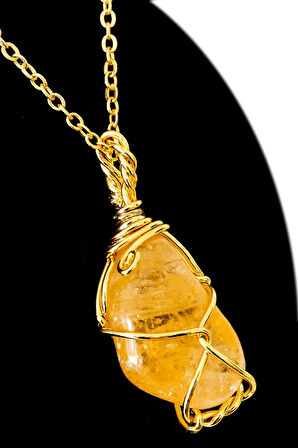 Sertifikalı Tamburlanmış Tel Sargılı Sitrin Taşı Kolye - Altın Kaplama