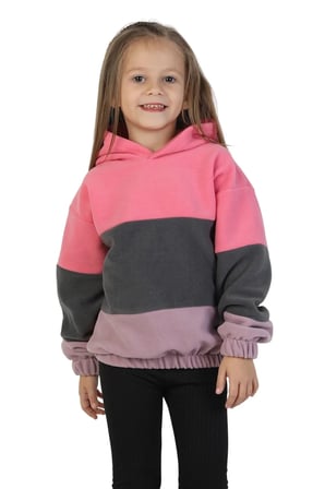 Kız Çocuk Sweatshirt-Kazak Kapüşonlu Beli Lastikli Çok Renkli Kışlık Polar Sweat — Pembe-Antrasit-Lila