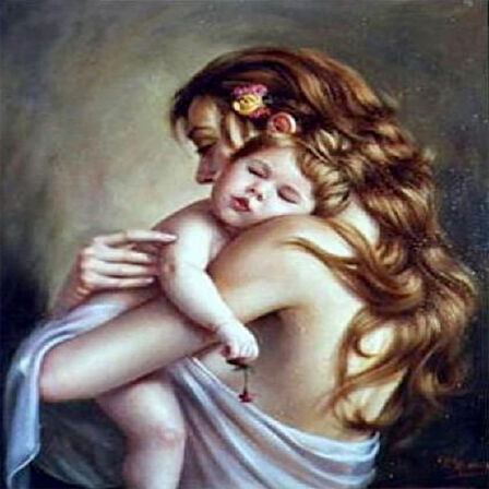 Canvas Anne Ve Bebeği Sayılarla Boyama Seti   Kasnaklı 40 x 50 cm