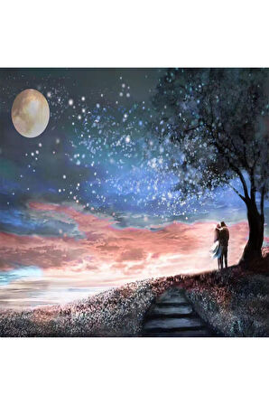 Canvas Dolunayda Aşk Sayılarla Boyama Seti   Kasnaklı 40 x 50 cm