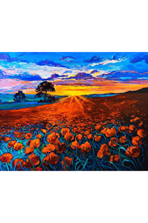 Canvas Turuncu Çiçek Tarlası Sayılarla Boyama Seti   Kasnaklı 40 x 50 cm