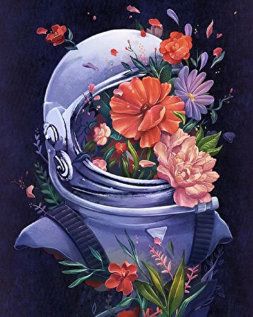 Canvas Astronotun Çiçekleri Sayılarla Boyama Seti Kasnaklı 40 x 50 cm