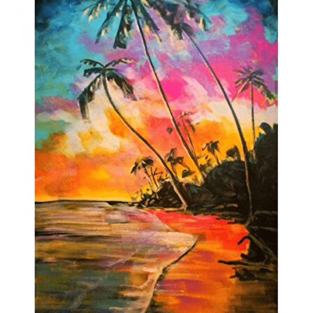 Canvas Palmiye ve Sahil Sayılarla Boyama Seti  Kasnaklı 40 x 50 cm