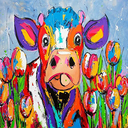 Canvas Sevimli İnek Ve Çiçekler Sayılarla Boyama Seti   Kasnaklı 40 x 50 cm