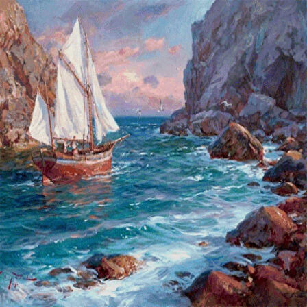 Canvas Yelkenli Kıyıda Sayılarla Boyama Seti  Kasnaklı 40 x 50 cm