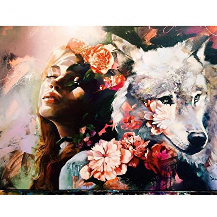 Canvas Kadın ve Kurt Sevgisi Sayılarla Boyama Seti  Kasnaklı 40 x 50 cm