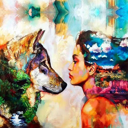 Canvas Renkli Kurt ve Kadın Sayılarla Boyama Seti  Kasnaklı 40 x 50 cm