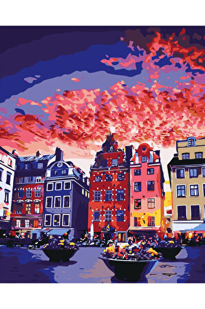 Canvas Renkli Evler Sayılarla Boyama Seti   Kasnaklı 40 x 50 cm