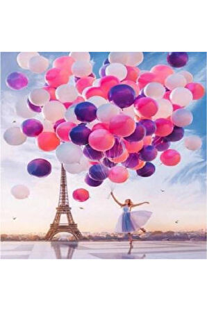 Canvas Eyfel Kulesi,Kadın Ve Romantik Balonlar Sayılarla Boyama Seti   Kasnaklı 40 x 50 cm