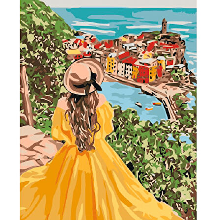 Canvas Sarı Elbiseli Kadın Sayılarla Boyama Seti  Kasnaklı 40 x 50 cm