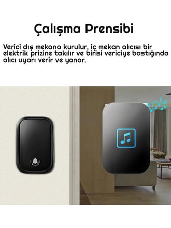 Luve Store Kablosuz Kapı Zili Pilsiz Butonlu 150 Metre Menzilli 60 Melodili 5 Ses Seviyeli IP44 Siyah