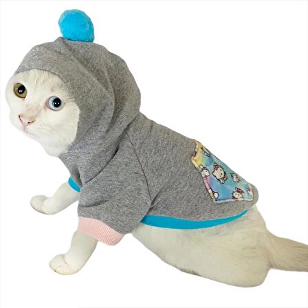 Kitty Grey Kapsonlu Sweatshirt Kedi Süeteri Kedi Kıyafeti 