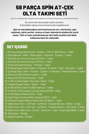 58 Parça Spin, Tekne, Kıyı Olta Takımı Seti - 270cm Yşl 100-250G - 60'lık Makine