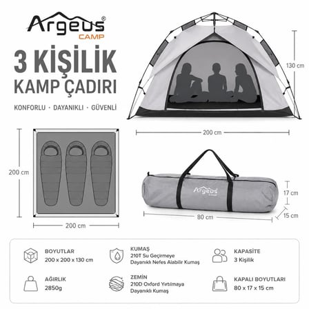 3 Kişilik Otomatik Kurulum Kamp Çadırı Seti - Çadır, Sandalye, Uyku Tulumu, Mat