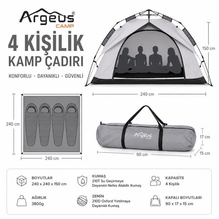 4 Kişilik Otomatik Kurulum Kamp Çadırı Seti - Çadır, Sandalye, Uyku Tulumu, Mat