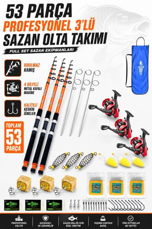 Profesyonel 3’lü Sazan Olta Takımı - 3.60MT- Kırılmaz Kamış Metal Kafa Makine