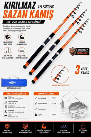 Profesyonel 3’lü Sazan Olta Takımı - 3.30MT- Kırılmaz Kamış Metal Kafa Makine