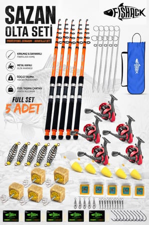 Profesyonel 5’li Sazan Olta Takımı - 3.30MT- Kırılmaz Kamış Metal Kafa Makine