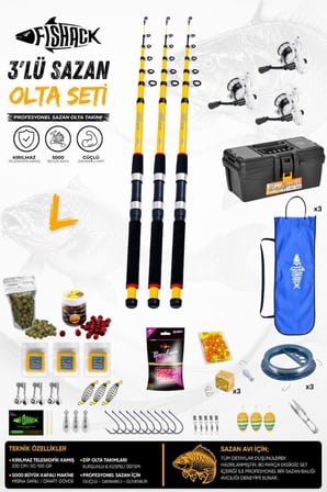 Full Set Profesyonel 3'lü Sazan Olta Seti - L - Kırılmaz Kamış - 3.30M/50GR