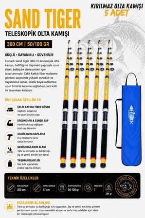 Full Set Profesyonel 5'li Sazan Olta Seti - XL - Kırılmaz Kamış - 3.60M/50-GR