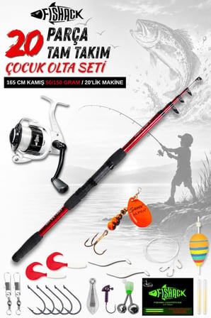 20 Parça Tam Takım Çocuk Olta Seti - 165cm Kamış 50-150 GR/20'lik Makine (Beyaz)
