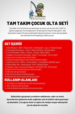 20 Parça Tam Takım Çocuk Olta Seti - 165cm Kamış 50-150 GR/20'lik Makine (Beyaz)