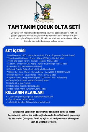 20 Parça Tam Takım Çocuk Olta Seti - 165cm Kamış 50-150 GR/20'lik Makine (Mavi)