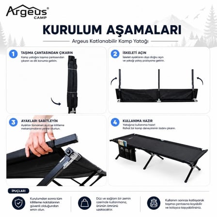 Katlanır Kamp Yatağı Kampet - Taşıma Çantalı - 150KG Taşıma - Siyah