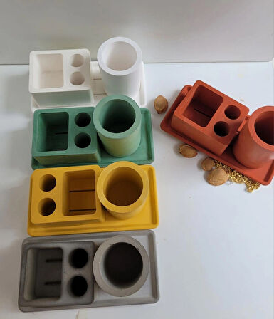 3 Parça Beton Banyo Seti – Diş Fırçalık, Kulak Çubuğu Kutusu ve 15x10 cm Tepsi | Minimalist Tasarım