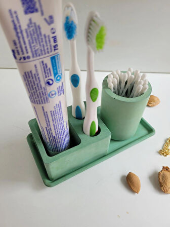 3 Parça Beton Banyo Seti – Diş Fırçalık, Kulak Çubuğu Kutusu ve 15x10 cm Tepsi | Minimalist Tasarım