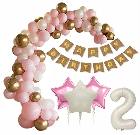 2 YAş Kraft-Gold Banner, 30 Adet Pembe, Gold, Beyaz Balon 2 Pembe 1 Bej Yıldızlı Doğum  Günü Seti