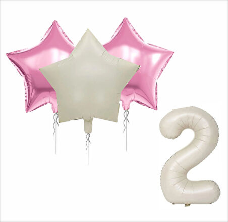 2 YAş Kraft-Gold Banner, 30 Adet Pembe, Gold, Beyaz Balon 2 Pembe 1 Bej Yıldızlı Doğum  Günü Seti