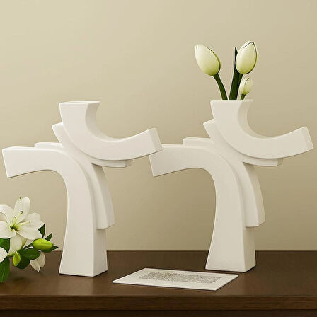Asimetrik Form Beton Vazo – Minimal & Sanatsal Dekor 2 Li Beyaz