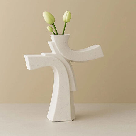 Asimetrik Form Beton Vazo – Minimal & Sanatsal Dekor 2 Li Beyaz