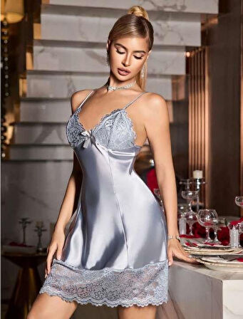 Vizon Dantel Detaylı İnce Askılı Saten Kısa Fantezi Gecelik