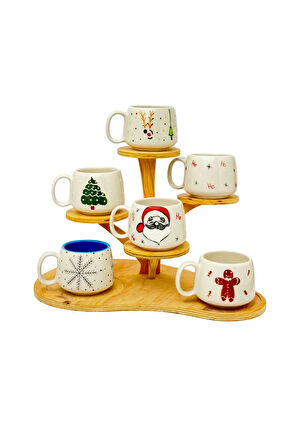 6'LI KARIŞIK YILBAŞI KUPA SETİ, El Yapımı Seramik Kupa, Seramik Fincan, Double Türk Kahvesi