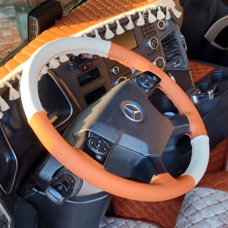 DİKİŞLİ DİREKSİYON KILIFI KREM DERİ TABA DERİ SİYAH DİKİŞLİ MERCEDES YENİ TIR KAMYON İÇİN