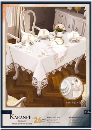 Krem-Gümüş Karanfil Gardenya Keten 26 Parça 160 × 260cm Sofra Takımı