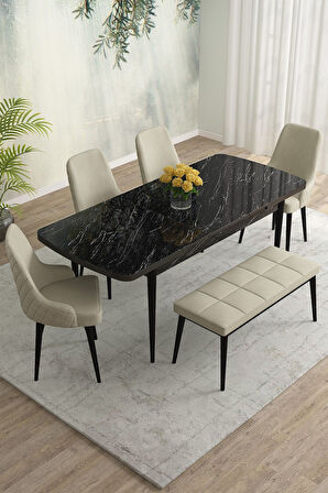 Meri Siyah Mermer 80x132 Açılabilir Mdf Masa Yemek Odası Takımı,Mutfak Masa Takımı 4 Sandalye 1Bench