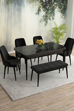 Meri Siyah Mermer 80x132 Açılabilir Mdf Masa Yemek Odası Takımı,Mutfak Masa Takımı 4 Sandalye 1Bench