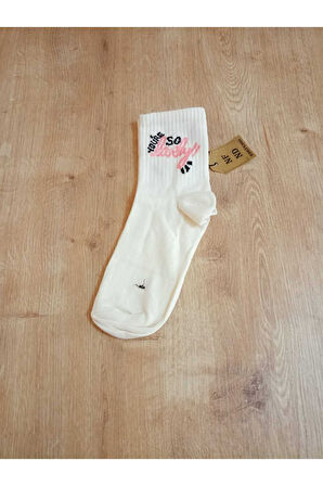 LOVELY DESENLİ PAMUKLU YUMUŞAK ÇORAP ARAKONÇ KADIN KREM PEMBE SOKET ÇORABI 36-40