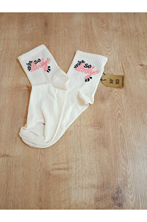 LOVELY DESENLİ PAMUKLU YUMUŞAK ÇORAP ARAKONÇ KADIN KREM PEMBE SOKET ÇORABI 36-40