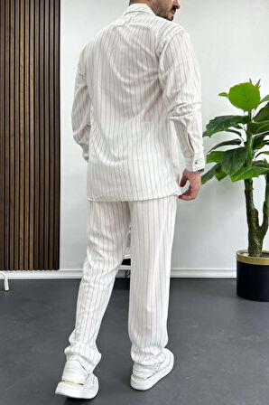 Alaçatı Stili Unisex Krep Kumaş Çizgili Gömlek ve Pantolon Takım