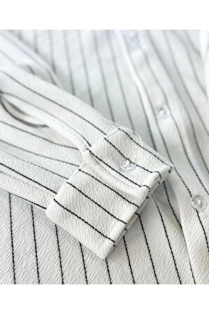 Alaçatı Stili Unisex Krep Kumaş Çizgili Gömlek ve Pantolon Takım