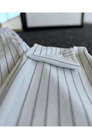 Alaçatı Stili Unisex Krep Kumaş Çizgili Gömlek ve Pantolon Takım