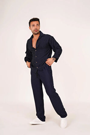 Alaçatı Stili Unisex Krep Kumaş Çizgili Gömlek ve Pantolon Takım