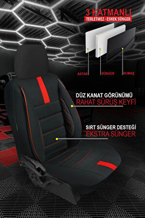 Seat İbiza  Uyumlu 5 KOLTUK TAM SET TAY TÜYÜ OTO KOLTUK KILIFI KIRMIZI DETAYLI