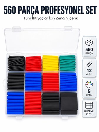 560 Parça Kablo İzolasyon Makaron Seti 12 Ölçü 5 Renk Heat Shrink Tube Organizer Kutulu