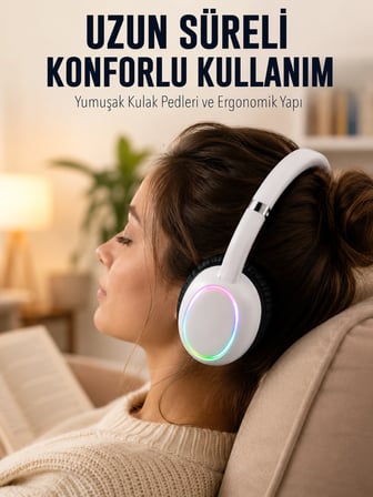 Beyaz Kablosuz Bluetooth Kulaklık Mikrofonlu Ergonomik Kulak Üstü Tasarım